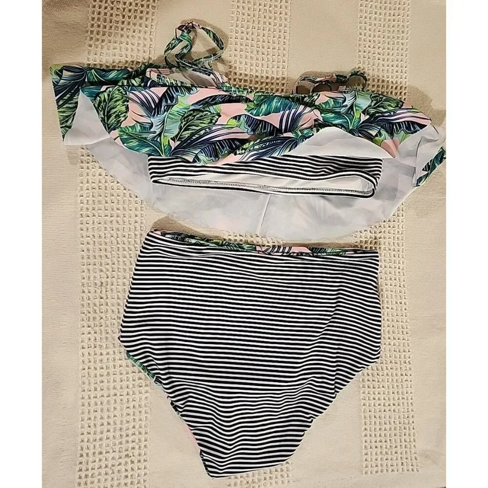 Tropical‎ Bikini Swimsuit Set Womens Sz S  Reversable High Waisted Bottoms EUC